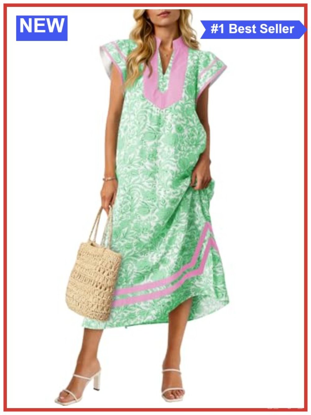 Wenrine Women's Floral Maxi Dress Short Sleeve V Neck Side Slit Pockets